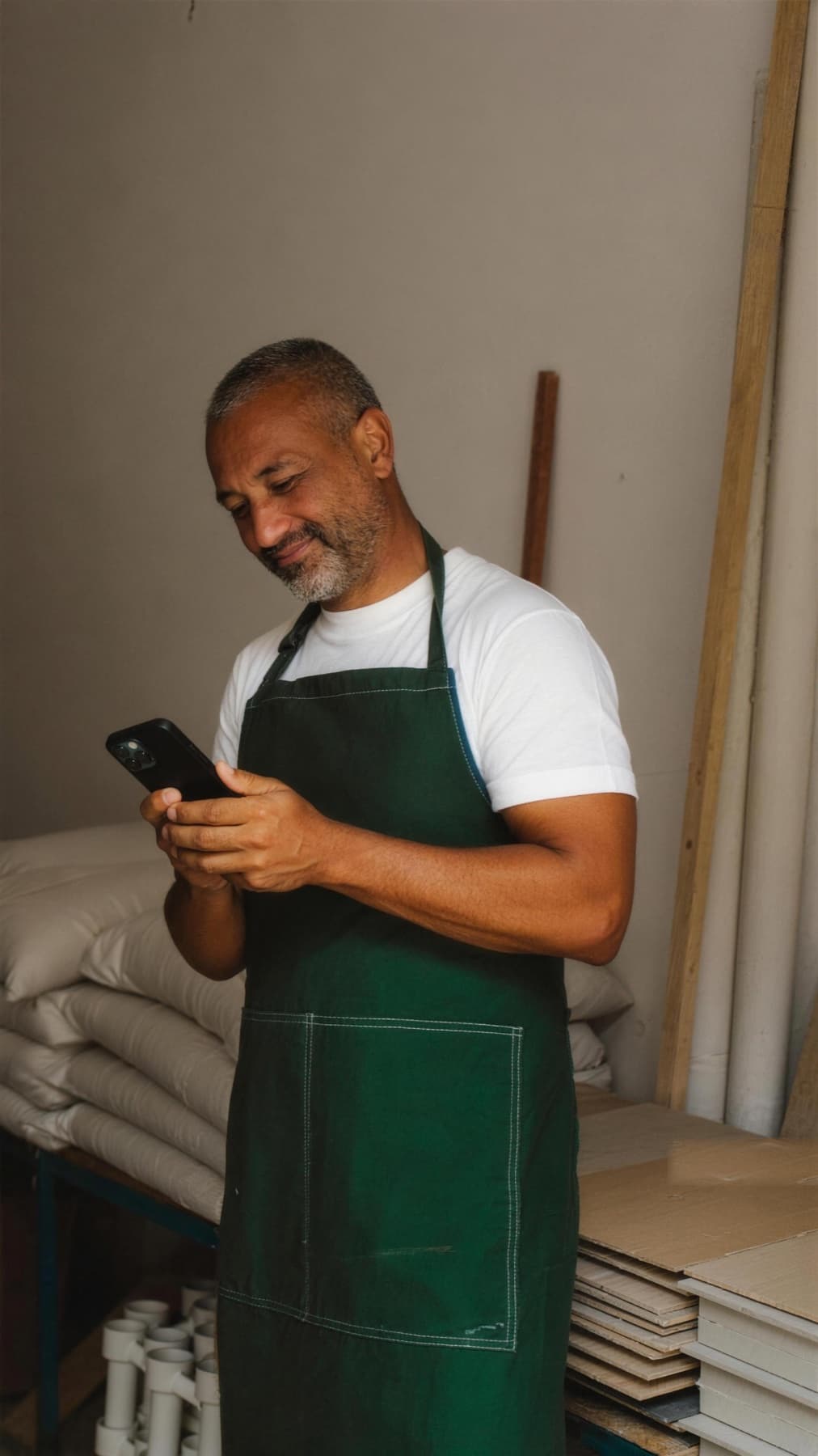 Dono de loja de material de construção lendo uma mensagem no celular