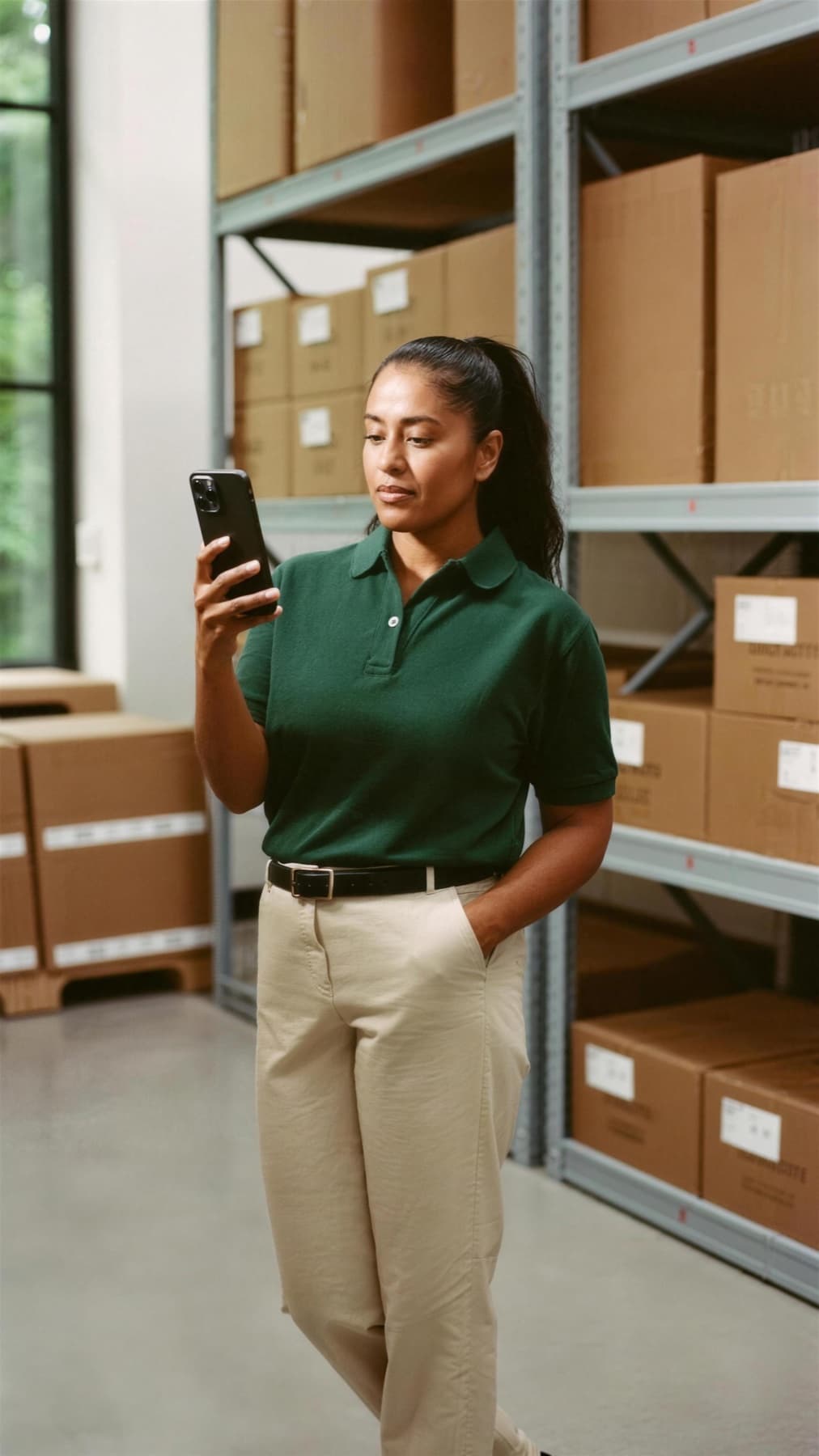 Dona de distribuidora no estoque, olhando o celular