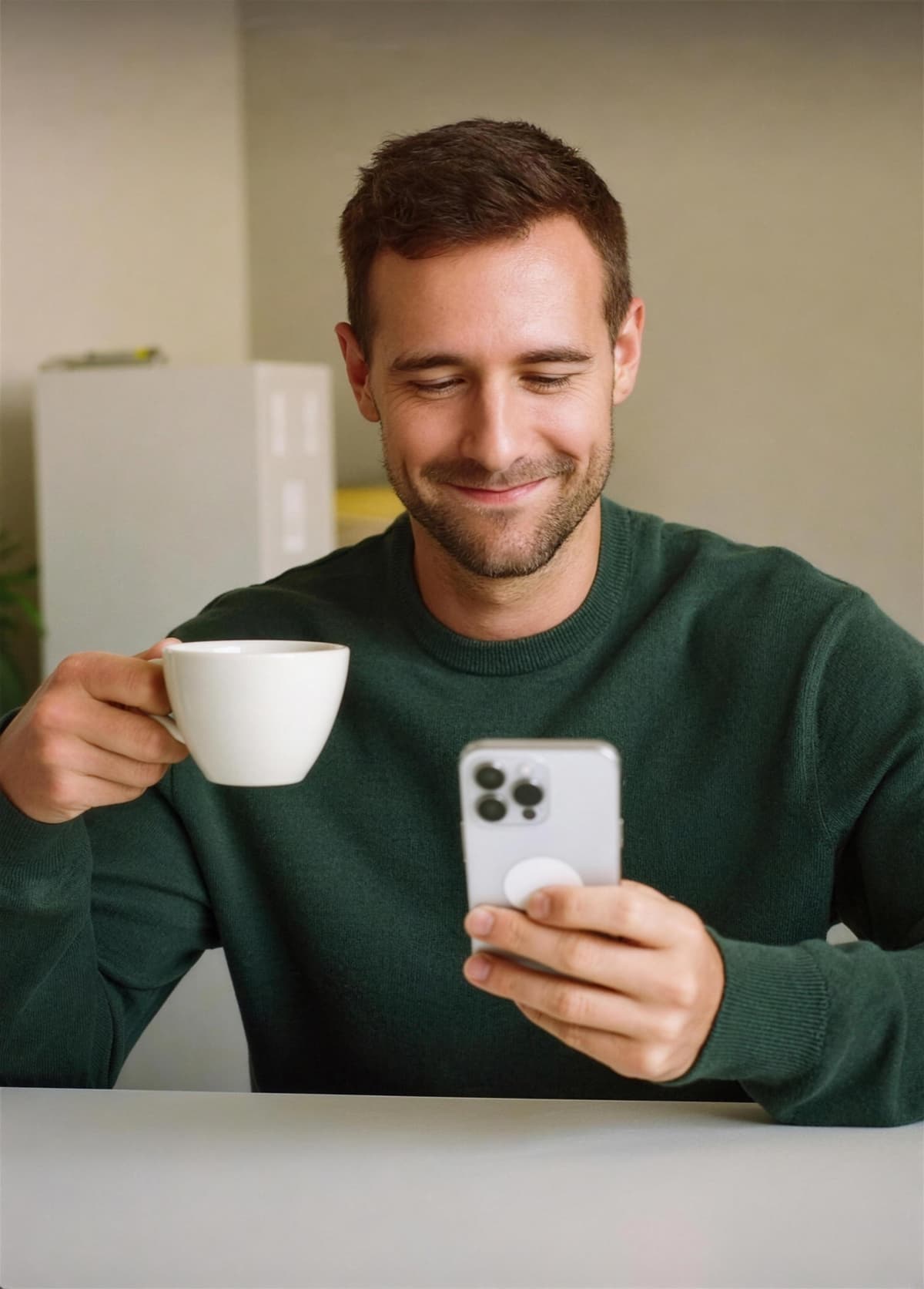 Empresário tomando café e lendo o celular